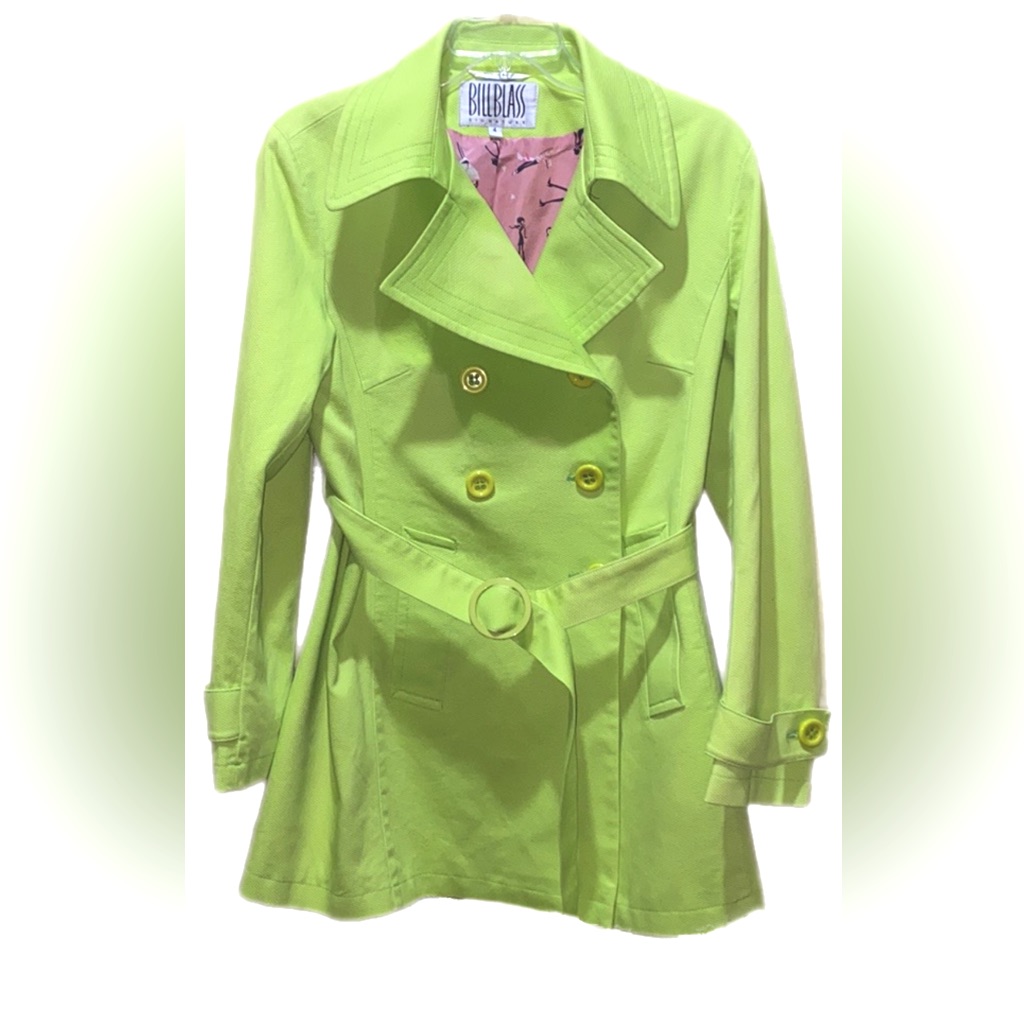 Bill Blass Signature Lime Green Double Breasted Coat W/Belt & Buckle Sz 4